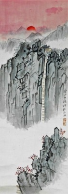 A pair of 20thC Chinese scroll watercolours, one depicting a riverscape, with mountains in the background tress to the foreground, the other with a craggy mountainside with a pagoda atop steep steps, bears seal mark, 49.5cm x 17.5cm. - 10