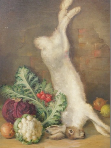 J. Envert (19thC). Still life, dead game hare and vegetables on a table, oil on canvas, indistinctly signed, 85cm x 57cm.