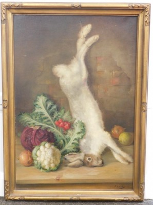 J. Envert (19thC). Still life, dead game hare and vegetables on a table, oil on canvas, indistinctly signed, 85cm x 57cm. - 2