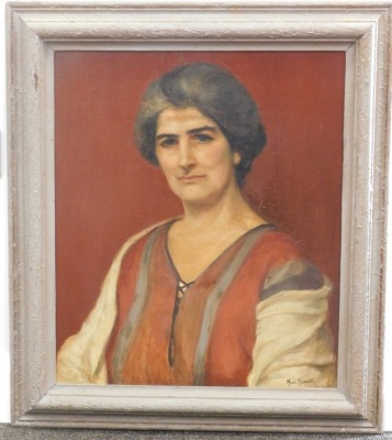 Marle Barnett (20thC). Portrait of a lady, quarter profile, oil on canvas, handwritten label verso with address and numbered 3, 59cm x 50cm. - 2