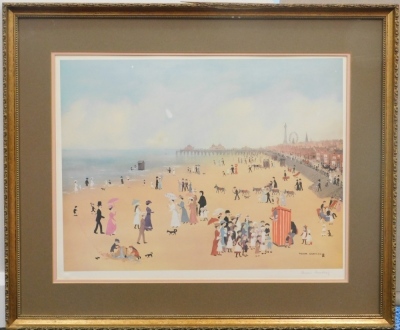 Helen Bradley (1900-1979). Blackpool Sands, artist signed print, watermarked HDK., 47cm x 62cm. - 2