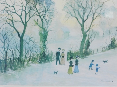 Helen Bradley (1900-1979). Going Home Through the Snow, artist signed print, watermarked FAC., 27cm x 36cm.