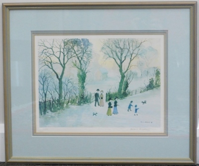 Helen Bradley (1900-1979). Going Home Through the Snow, artist signed print, watermarked FAC., 27cm x 36cm. - 2