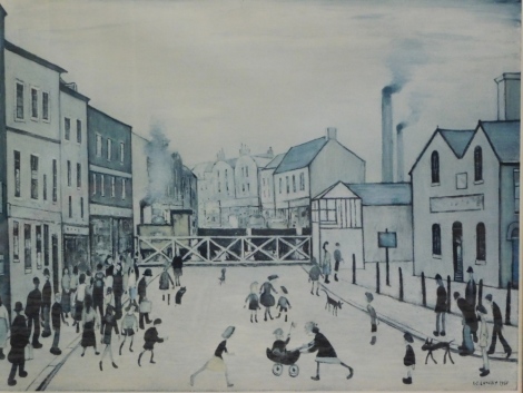 Laurence Stephen Lowry (1887-1976). Level Crossing Burton-on-Trent, artist signed print, CHB watermark, 40cm x 58cm. (AF)