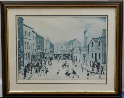 Laurence Stephen Lowry (1887-1976). Level Crossing Burton-on-Trent, artist signed print, CHB watermark, 40cm x 58cm. (AF) - 2