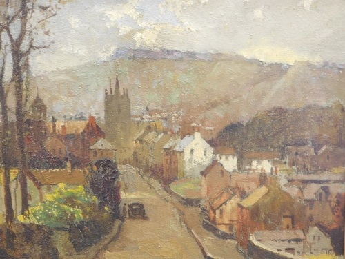 •William Roger Benner (1884-1964). Car aside buildings before church, oil on board, signed, Lincoln Fine Art card, original price £530, 62cm x 68cm.