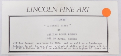 •William Roger Benner (1884-1964). Car aside buildings before church, oil on board, signed, Lincoln Fine Art card, original price £530, 62cm x 68cm. - 2