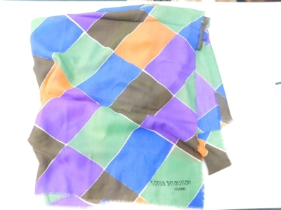 Sonia Delaunay-Therk (1885-1979). Scarf, multicoloured, orange, green brown and blue, signed, 163/900, 33cm x 133cm. See Skinner sale March 13, 2019 for a similar example.