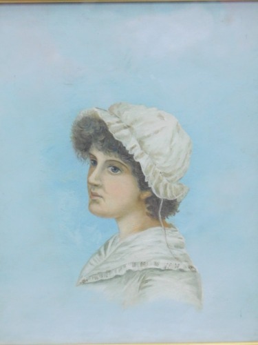 19thC School. Portrait of a lady wearing bonnet, oil on a Winsor & Newton canvas, unsigned, 27cm x 22cm.