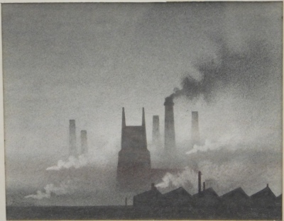 •Trevor Grimshaw (1947-2001). Church and factory landscape, pencil on paper, signed, 14cm x 16cm.