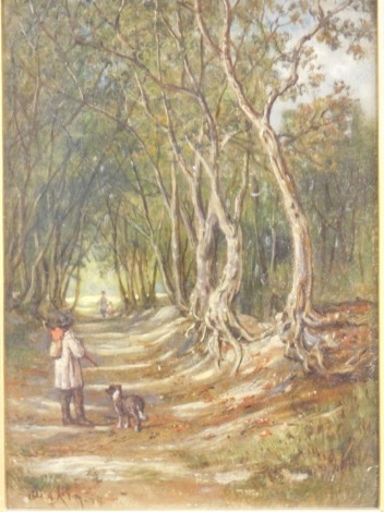 Joseph Dakin (1859-1914). Figures on a treelined path, oil on board, signed and dated (18)74, 20cm x 13cm and another similar - pair. (2)