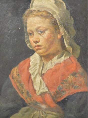 19thC School. Portrait of a girl in melancholic mood wearing bonnet, oil on canvas, Geo. Rowney ESK stamp, 51cm x 41cm.