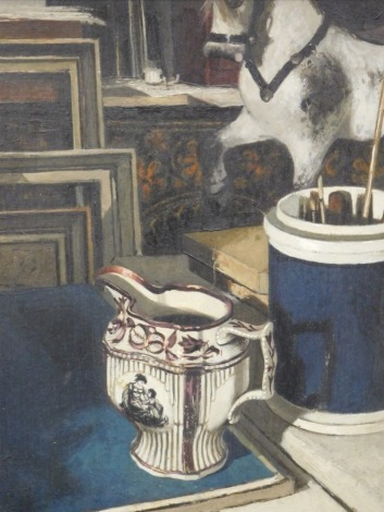 Peter Brannan (1926-1994). Still life, copper lustre jug and paint pot before rocking horse, oil on board, signed and dated (19)79, label verso ex 37 at 1980 Willoughby Memorial Hall, £260 on loan to Newark Museum 2015-2019 and numbered 37, 29cm x 31cm.