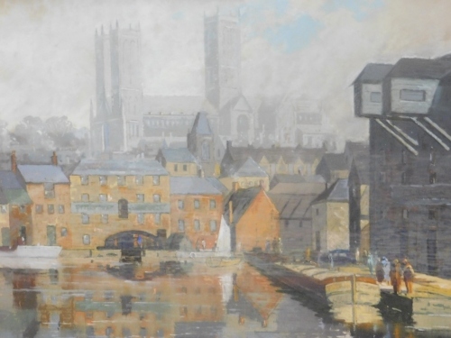 A. A. Clayton (fl.1955). Lincoln Cathedral from the Brayford, mixed media, signed, 46cm x 53cm.