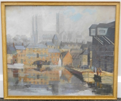 A. A. Clayton (fl.1955). Lincoln Cathedral from the Brayford, mixed media, signed, 46cm x 53cm. - 2