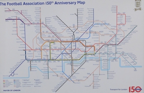 The Football Association. F.A. Anniversary Sport for London Tube Line map, print, each station replaced with names of footballers, 59cm x 97cm.