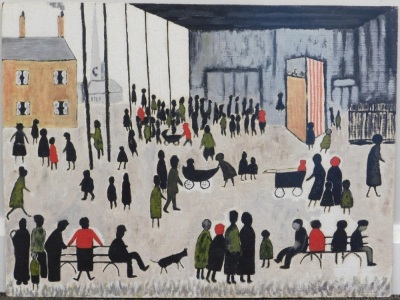 Manner of Lowry. Street scene, oil on board, unsigned, 46cm x 61cm.