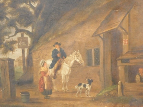 Manner of George Morland. Figure on horseback aside lady and dog before tavern, oil on canvas, unsigned, 52cm x 59cm.