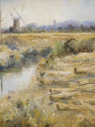 Shirley Carnt (b.1927). Reed cutting after the floods, Spring 1996, oil on board, signed, titled verso, 36cm x 29cm.