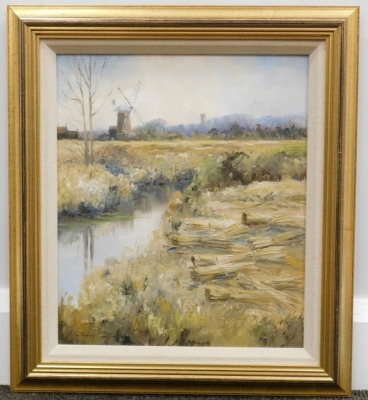 Shirley Carnt (b.1927). Reed cutting after the floods, Spring 1996, oil on board, signed, titled verso, 36cm x 29cm. - 2