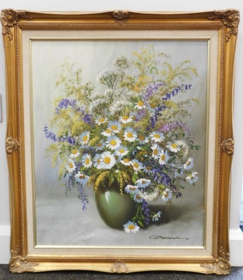 20thC School. Still life, vase of flowers, daisies, etc., oil on canvas, indistinctly signed, 60cm x 48cm. - 2