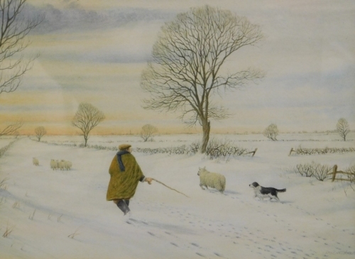 D. J. Dunthorne (20thC). Shepherd, sheepdog and flock of sheep on a snow laden path, watercolour, signed, 23cm x 33cm.