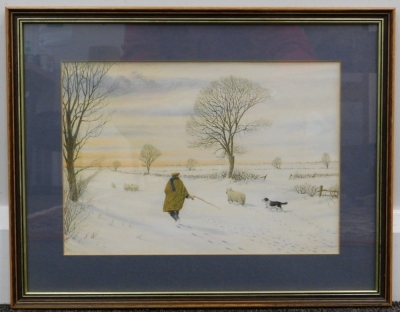 D. J. Dunthorne (20thC). Shepherd, sheepdog and flock of sheep on a snow laden path, watercolour, signed, 23cm x 33cm. - 2