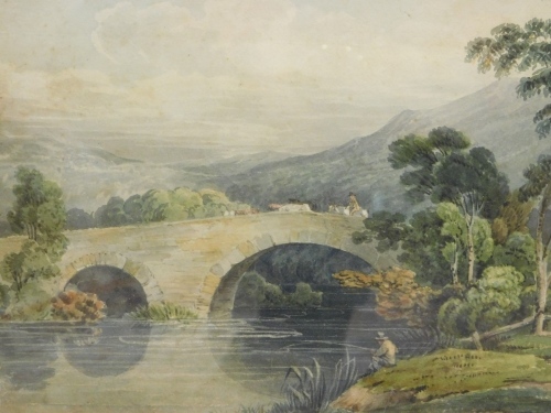 19thC English School. Figure of a fisherman before figures on bridge with mountains in the distance, watercolour, unsigned, catalogue description verso, 19cm x 30cm.