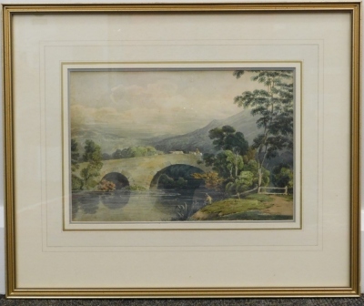 19thC English School. Figure of a fisherman before figures on bridge with mountains in the distance, watercolour, unsigned, catalogue description verso, 19cm x 30cm. - 2