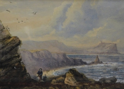 19thC School. Figures on a path before sea and cliffs, watercolour, unsigned, Mitrecraft label verso, 22cm x 29cm.