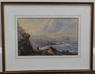 19thC School. Figures on a path before sea and cliffs, watercolour, unsigned, Mitrecraft label verso, 22cm x 29cm. - 2