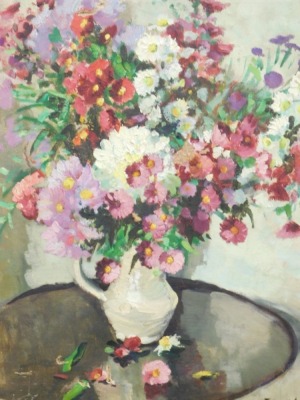 Pessora (20thC School). Still life vase of flowers on a table, oil on canvas, indistinctly signed, 51cm x 39cm.