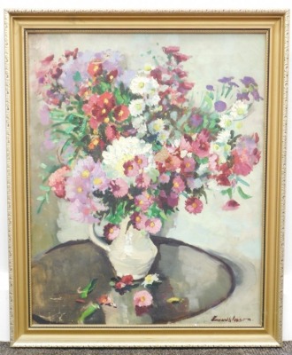 Pessora (20thC School). Still life vase of flowers on a table, oil on canvas, indistinctly signed, 51cm x 39cm. - 2