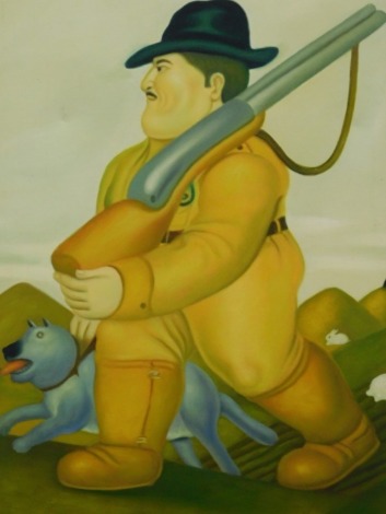 After Sneith. Figure of a large gentleman with rifle to his shoulder and dog, with hills in the distance, print, canvas, labels verso, 92cm x 60cm.