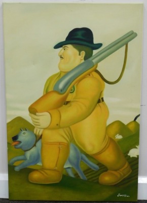 After Sneith. Figure of a large gentleman with rifle to his shoulder and dog, with hills in the distance, print, canvas, labels verso, 92cm x 60cm. - 2