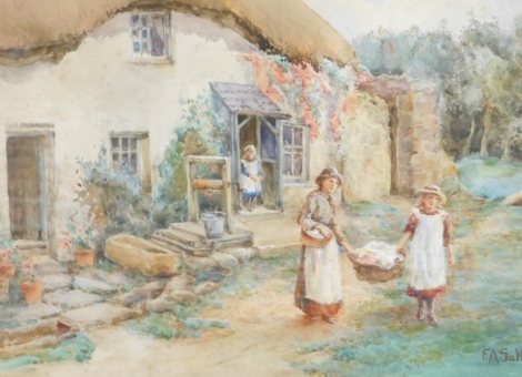 Florence A. Saltmer (fl.1882-1900). A Devonshire Cottage, Monday Morning, watercolour, signed, Worth's Art Gallery and Edwin Viner photocopied labels verso, 28cm x 37cm.