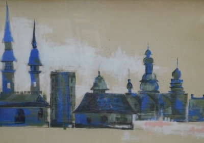 After Burski(?). Buildings panorama, print, 56cm x 122cm.