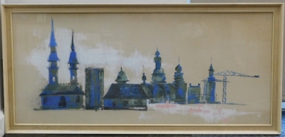 After Burski(?). Buildings panorama, print, 56cm x 122cm. - 2