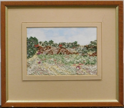 •20thC School. Landscape, woolwork, unsigned, Premier Framing label verso, 9cm x 16cm. - 2