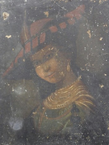 19thC School. Portrait of a lady wearing hat, oil on canvas, unsigned, Geo. Rowney stamp to the canvas, 52cm x 41cm. (AF)