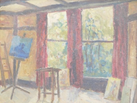 J. A. Oliver (20thC). A studio window, oil on board, signed and dated 1955, Cumberland Art Gallery and handwritten label verso, 24cm x 29cm.