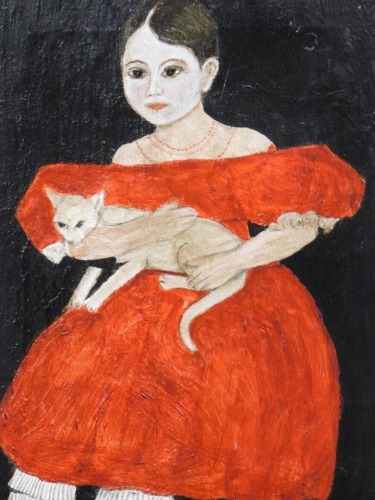 Francis James (20thC). Child holding cat, oil on canvas, Winsor & Newton stamp verso, 35cm x 24cm, Sowbon (20thC), still life, oil on board and a print still life. (3)