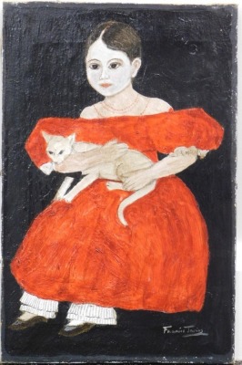 Francis James (20thC). Child holding cat, oil on canvas, Winsor & Newton stamp verso, 35cm x 24cm, Sowbon (20thC), still life, oil on board and a print still life. (3) - 2