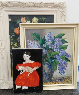 Francis James (20thC). Child holding cat, oil on canvas, Winsor & Newton stamp verso, 35cm x 24cm, Sowbon (20thC), still life, oil on board and a print still life. (3) - 8