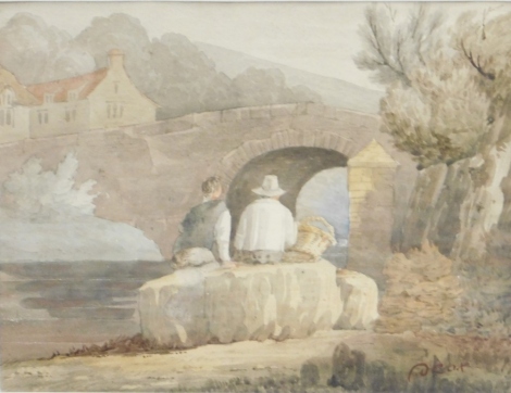 Manner of David Cox (20thC). Figures on a rock overlooking stream with bridge and house in the distance, watercolour, bearing signature, 18cm x 24cm.