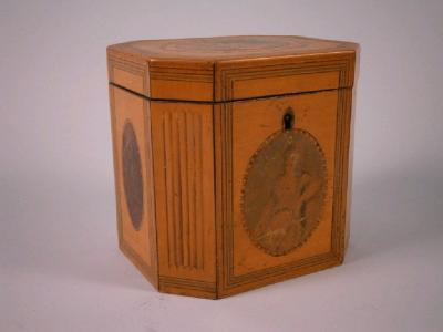 A George III satinwood and marquetry tea caddy