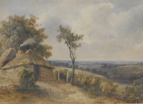 19thC English School. Thatched cottage and tree before fields on a summer's day, watercolour, unsigned, G.P. Lunn label verso, 26cm x 42cm.