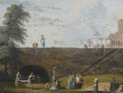 19thC School. Figures before bridge with further figures with shirts on a washing line before castle ruin, oil on board, unsigned, 30cm x 45cm.