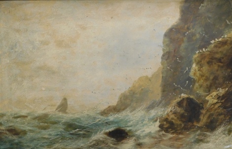 19thC School. Seascape, rough seas before rocks and seagulls, oil on board, unsigned, 36cm x 55cm and another by the same hand - pair. (2)