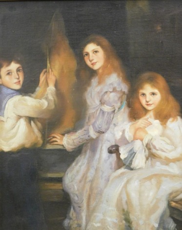 19thC English School. Portrait of children, boy and two girls one holding dove, oil on board, The Olde Picture Shop £1,100 label verso, unsigned, 48cm x 40cm.